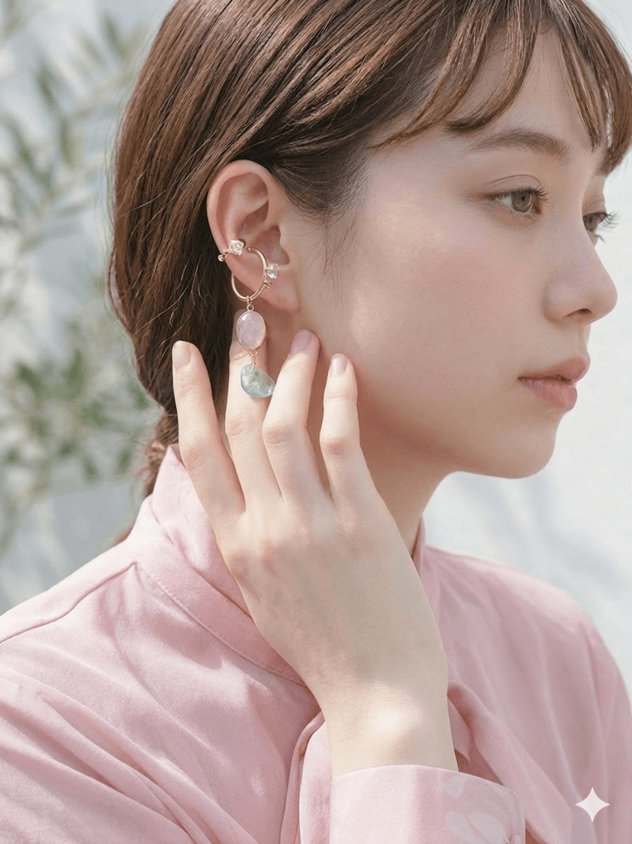 《春色ジュレ天然石》  ぷっくりローズクォーツ×アクアマリンの上質チャーム　ピアス / イヤリング｜透明感アクセサリー1枚目の画像