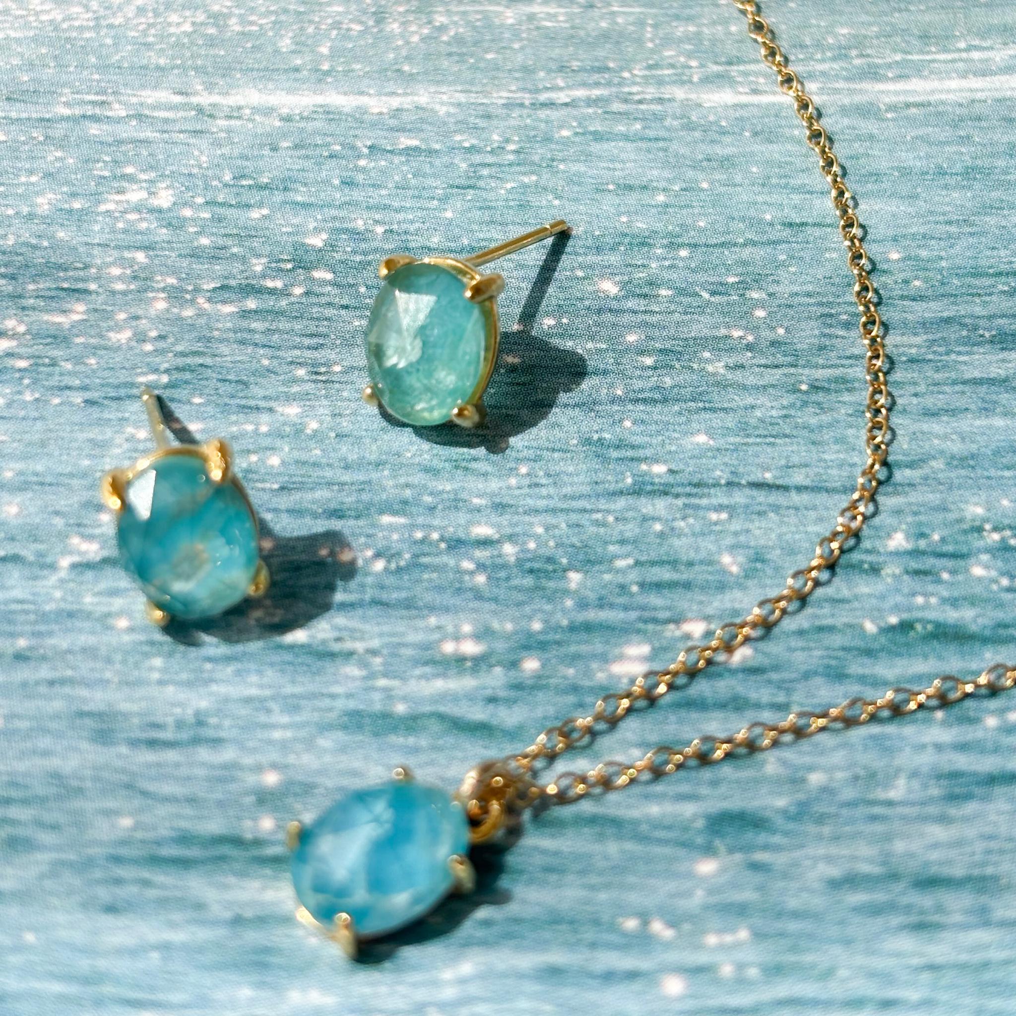 澄んだ海の一粒ピアス AAA 天然石　アパタイト silver925 18KGP　Gem stone | 2枚目