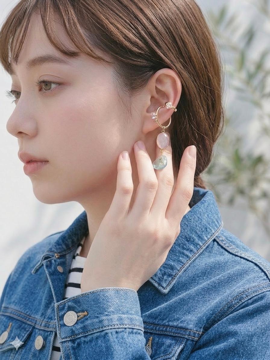 《春色ジュレ天然石》 ぷっくりローズクォーツ×アクアマリンの上質チャーム ピアス / イヤリング|透明感アクセサリー | 4枚目