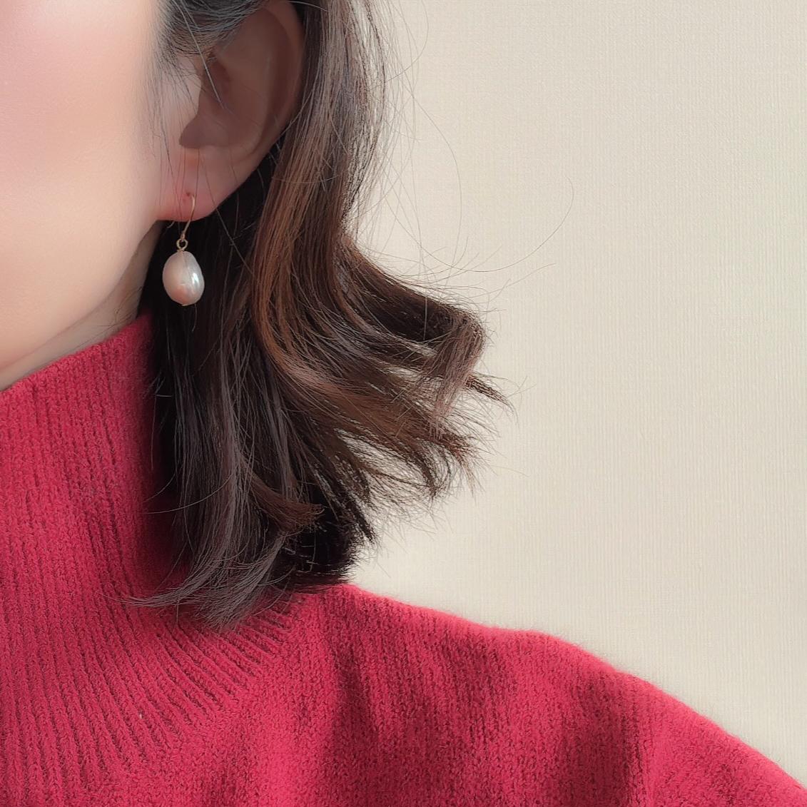 コロンと大粒バロック淡水パールピアス フックピアス 14kgf | 2枚目