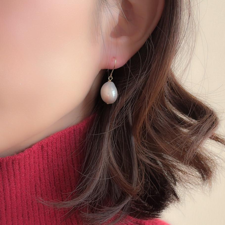 コロンと大粒バロック淡水パールピアス フックピアス 14kgf | 4枚目